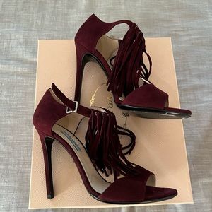 Prada burgundy suede fringe heels, in great condition, size 8.5.